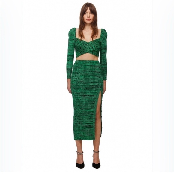 Self-Portrait Dresses & Skirts - Self-Portrait Buttoned Side-Slit Rib Knitted Midi Skirt in Green